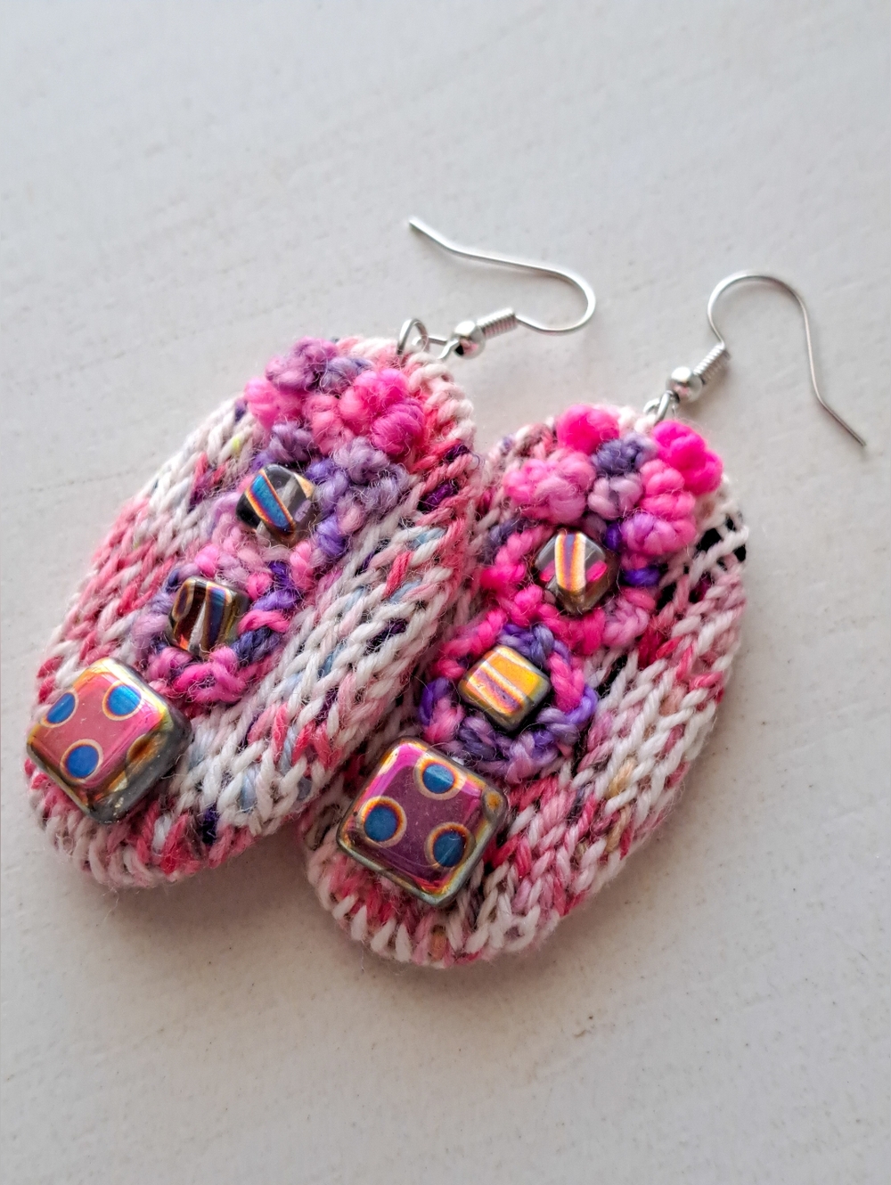 Handcrafted Pink Multicolor Knit Earrings  With Czech Glass Beads